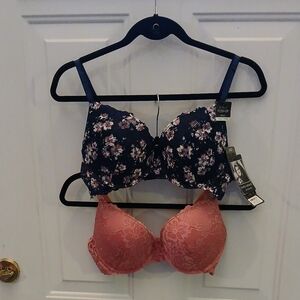 2 Kathy Ireland Floral Lace Bra Bundle- Navy and Peach 36D